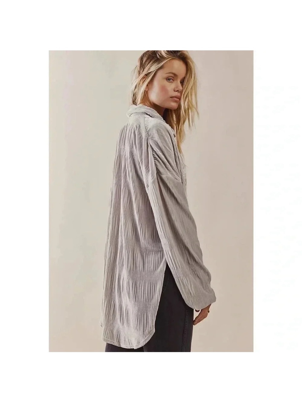 FREE PEOPLE My Best Velvet Crinkle Button Shirt Gray Oversized Sz M - Picture 9 of 13